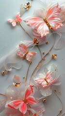 Poster - Radiant 3D Abstract Composition with Coral and Pink Butterfly Ornaments, Enriched with Golden Accents
