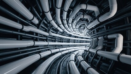 Poster - Abstract monochrome metal pipes extending within a circular tunnel Black and white curved design elements