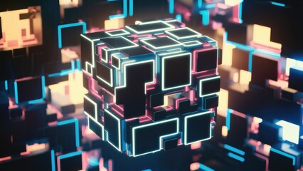Poster - Abstract Cube Background in 3D with Pixel Elements
