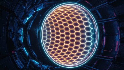 Wall Mural - Animated tunnel with glowing hexagonal lines Rotating cyber tunnel design featuring luminous neon patterns Dark tunnel environment with vibrant hexagonal neon illumination