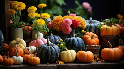 Canvas Print - Autumn natural garden background, warm seasonal colors, fresh mixed pumpkins and green foliage. Colorful Thanksgiving season banner.  