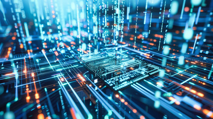 Poster - Close up of an advanced microchip with data flowing through it