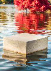 Wall Mural - a simple granite stone podium on water, gently enveloping the podium, set against a dark, muted background for a sleek, modern aesthetic.