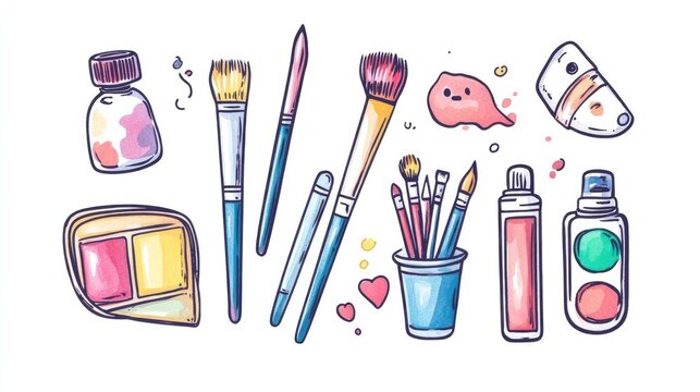 Line icons of art tools including watercolor sets, fine liners, and palettes. Minimalist design with editable stroke.