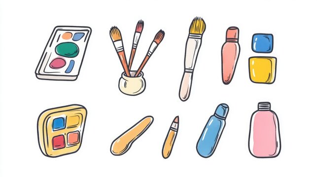 Line icons of art tools including watercolor sets, fine liners, and palettes. Minimalist design with editable stroke.