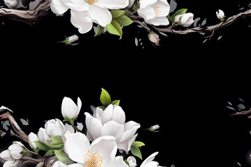 Seamless Vintage Watercolor White Magnolia French Floral with Leaves Textile, Fabric Design, and Elegant Home Styling on Black Background, HD wall Stickers, Wallpaper