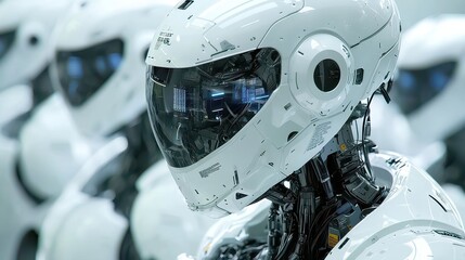 Poster - Cinematic AI Robot Workforce, a futuristic scene depicting advanced robots working collaboratively in an expansive, high-tech environment filled with vibrant colors and intricate designs.