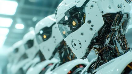 Poster - Cinematic Vision of AI Robot Workforce, a futuristic assembly line featuring advanced robots in a sleek environment, showcasing innovation and efficiency in automation