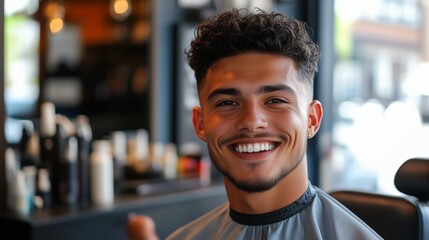 smiling young man with dark curly hair sitting in the barber chair getting broccoli haircut