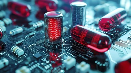 Poster - Electronics Network Concept, intricate circuit board components, innovative AI-enhanced pills, future healthcare advancements, open space for technology exploration