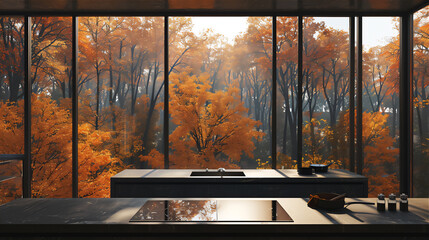 Kitchen interior in luxury minimalist style with autumn forest theme, version 1