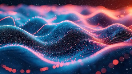Poster - Dynamic 3D visualization of big data and cybersecurity, showcasing artificial intelligence, neural networks, and abstract technological waves within a global database backdrop.