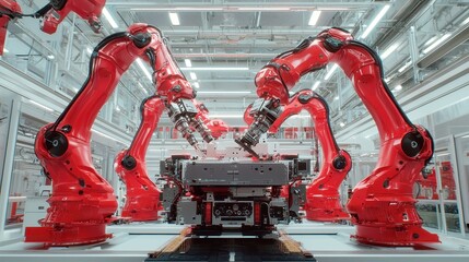Poster - Symphony of Assembly, an intricate display of modern manufacturing processes, showcasing seamless collaboration, precision machinery, and the rhythm of production in a dynamic environment.