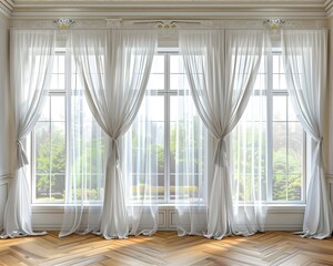 Wall Mural - 3D rendering of white curtains hanging on a window. Minimalist background for product presentation