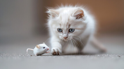 Wall Mural - Solid color background, a white cat chasing a little mouse, close-up, centered composition, symmetrical, master level composition