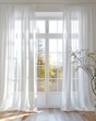 © DeepView - 3D rendering of white curtains hanging on a window. Minimalist background for product presentation