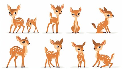  A set of funny baby deer flat icons featuring a cartoon character of a cute fawn. The illustrations show the fawn in various poses, including standing, sitting, and walking. 