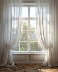 Poster - 3D rendering of white curtains hanging on a window. Minimalist background for product presentation