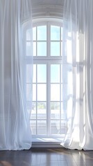 Wall Mural - 3D rendering of white curtains hanging on a window. Minimalist background for product presentation