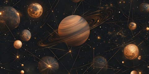 abstractions and scenes on the theme of astrology. the planet saturn and saturn themes