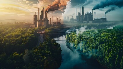 Poster -  a polluting industrial area on one side and a vibrant reforestation project on the other, connected by a bridge symbolizing carbon offsetting