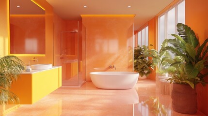 Wall Mural - Modern Bathroom with Orange Walls, Bathtub, and Plants