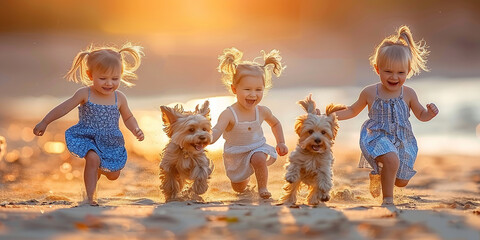 Kids and dogs have fun playing together