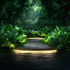 Mysterious path through a lush green forest with glowing light