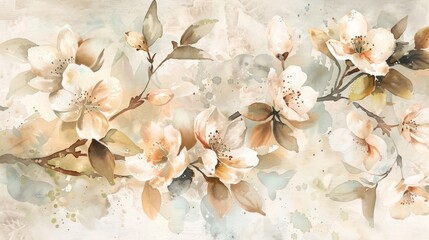 Wall Mural - Sophisticated Watercolor Art with Subtle Spring Florals in Neutral Shades for Refined Home Decor