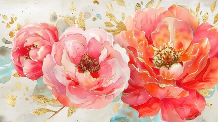 Aufkleber - Tranquil Watercolor Painting Showcasing Bright Pink and Coral Flowers with Gilded Accents