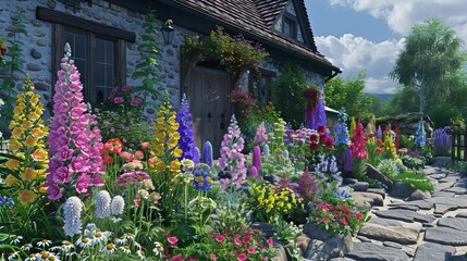 Fragrant cottage garden flower beds, aromatic cottage flowers, charming flower beds emitting sweet fragrances in a cozy cottage setting