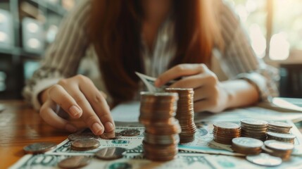 Aufkleber - A woman is sitting at a table with a pile of coins and a stack of bills