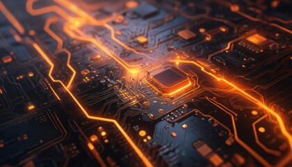 visualization of information transfer on the motherboard in gold color with the processor chip