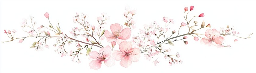 Beautiful pink flowers and delicate branches creating a soft, elegant floral arrangement on a white background.