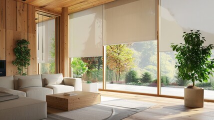 Canvas Print - Automated solar shades and electric curtains in modern wooden interiors with tech planters.