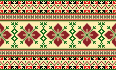 a detailed pattern composed of square designs,flower pattern red color , green ,black and orange square shape