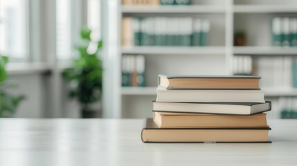 Stack of books on a white desk with a blurred background of bookshelves and indoor plants, creating a serene study environment.