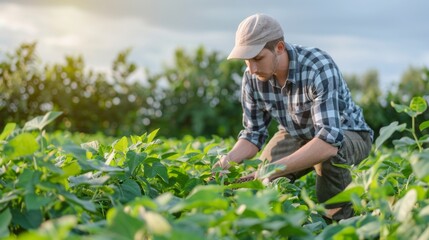 Poster - A man in a plaid shirt is bending over in a field of green plants