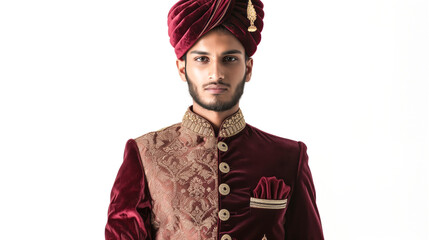 Poster - Indian Groom in Maroon Velvet Sherwani with Gold Buttons,