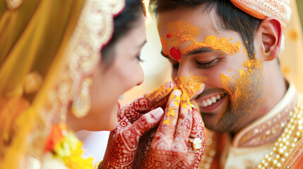 Wall Mural - Indian wedding couple during the haldi ceremony, applying turmeric paste to each other