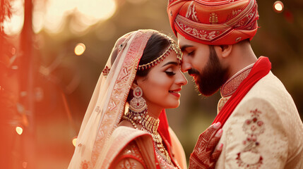 Poster - Indian wedding couple in a romantic pose with groom kissing bride's forehead, close-up romantic expressions