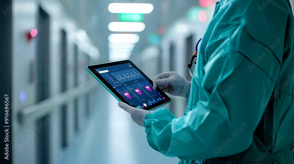 Healthcare professional using a digital tablet in a modern hospital ...