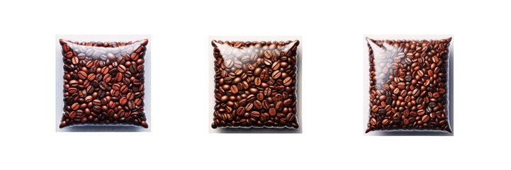 Wall Mural - Set of pack of Coffee beans in transparent Packaging, isolated over on transparent white background