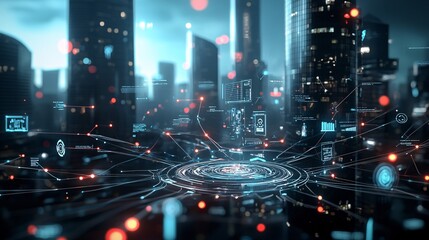 Poster - Futuristic AI world, interconnected networks, digital cityscape, advanced technology