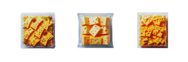 Set of pack of Cheddar cheese pieces in transparent Packaging, isolated over on transparent white background