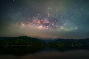 Wall Mural - Beautiful Milky Way over the lake in Ranong Province, Thailand