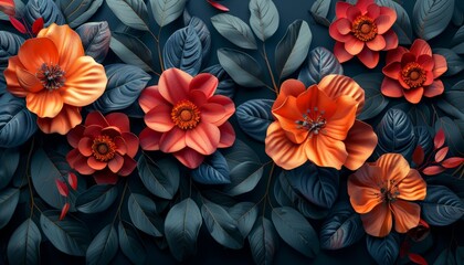Assorted 3D flowers creating an intricate abstract pattern on a black background