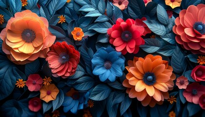 Assorted 3D flowers creating an intricate abstract pattern on a black background