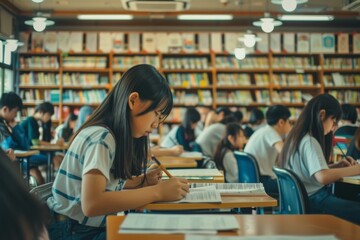 Poster - Students are concentrated on studying in a classroom library setting to gain knowledge and academic focus. The environment promotes education, learning, and literacy among young scholars