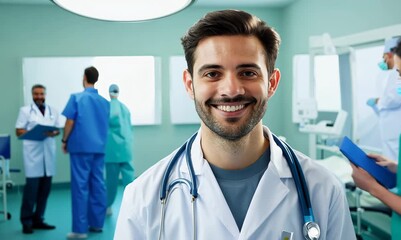 Wall Mural - Environmental portrait video of a pleased doctor in his 30s wearing a scrub or lab coat with doctors nurses therapists